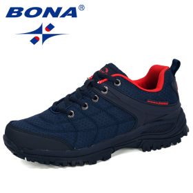 BONA 2022 New Designers Popular Hiking Shoes Man Nubuck Leather Mesh Outdoor Men Sneakers Climbing Shoes Men Sport Shoes Trendy (Color: Deep blue red)