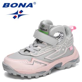 BONA 2021 New Designers Trendy Hiking Sport Shoes Children High Top Teenagers Mountain Climbing Trekking Shoes Child Winter Boot (Color: Light gray pink)