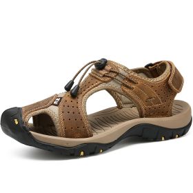 Men Summer Sandal Cow Leather Hiking Sandal Man Beach Sandal Outdoor Casual Shoe High Quality Leather Aqua Shoes Plus Size 46 (Color: Brown)