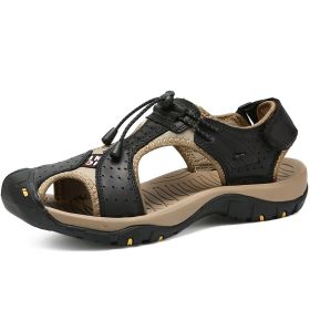 Men Summer Sandal Cow Leather Hiking Sandal Man Beach Sandal Outdoor Casual Shoe High Quality Leather Aqua Shoes Plus Size 46 (Color: Black)