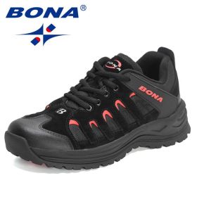 BONA 2022 New Designers Hiking Shoes Outdoor Sneakers Men Travel Shoes Non-slip Breathable Sports Shoes Man Work Shoe Mansculino (Color: Black red)