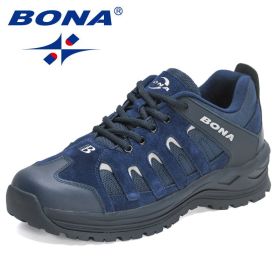 BONA 2022 New Designers Hiking Shoes Outdoor Sneakers Men Travel Shoes Non-slip Breathable Sports Shoes Man Work Shoe Mansculino (Color: Deep blue S gray)