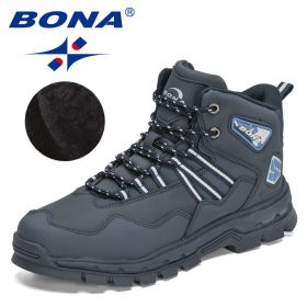 BONA 2022 New Designers Action Leather Plush Hiking Boots High Top Walking Shoes Men Work Mountain Sport Ankle Boots Mansculino (Color: Deep blue S gray)