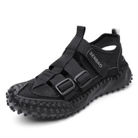 Men Sandals Summer Breathable Outdoor Hiking Beach Shoes Male Non Slip Rubber Sole Slippers Handmade Patchwork Roman Sandalies (Color: Black)